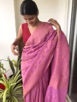 Candy Pink Chiffon Saree highlighted with Antique Gold Zari Weaves - Image 2
