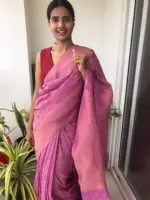 Candy Pink Chiffon Saree highlighted with Antique Gold Zari Weaves - Image 3
