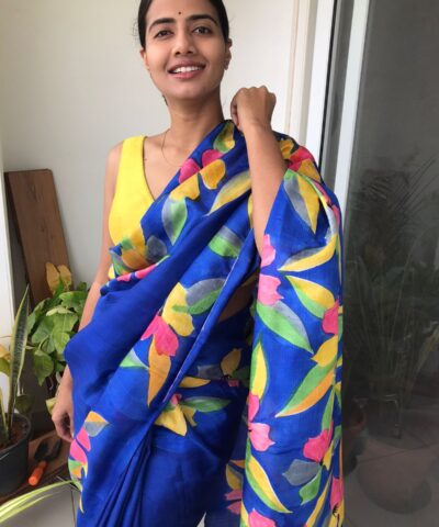 Royal Blue Handpainted Pure Silk Saree