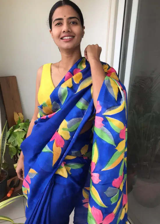 Royal Blue Handpainted Pure Silk Saree