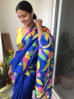 Royal Blue Handpainted Pure Silk Saree - Image 4