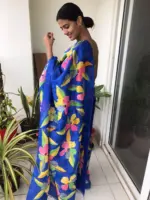 Royal Blue Handpainted Pure Silk Saree - Image 2