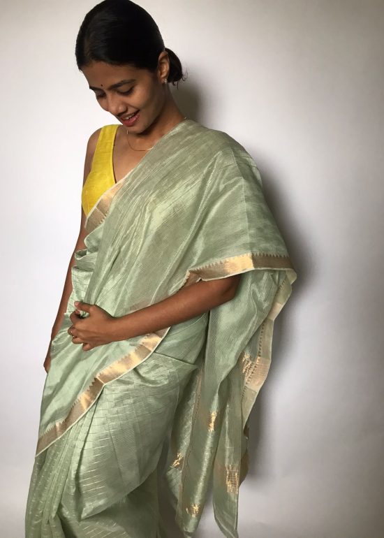 Sea Green Mangalagiri Silk Saree with Gold Zari Weaves