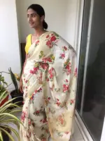 Offwhite Printed Linen Saree adorned with Zari Weaves - Image 4