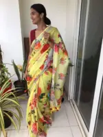 Lemon Yellow Printed Linen Saree adorned with Zari Weaves - Image 3