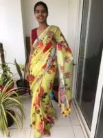 Lemon Yellow Printed Linen Saree adorned with Zari Weaves - Image 4