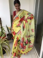 Lemon Yellow Printed Linen Saree adorned with Zari Weaves - Image 2