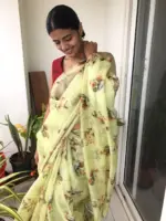 Sea Green Printed Kota Silk Saree highlighted with Zari Piping - Image 4
