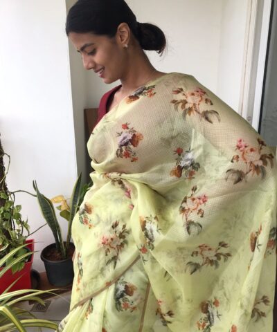 Sea Green Printed Kota Silk Saree highlighted with Zari Piping