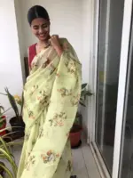 Sea Green Printed Kota Silk Saree highlighted with Zari Piping - Image 5
