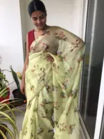 Sea Green Printed Kota Silk Saree highlighted with Zari Piping - Image 3