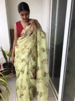 Sea Green Printed Kota Silk Saree highlighted with Zari Piping - Image 2