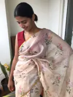 Cream Printed Kota Silk Saree highlighted with Zari Piping