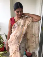 Cream Printed Kota Silk Saree highlighted with Zari Piping - Image 4