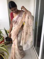 Cream Printed Kota Silk Saree highlighted with Zari Piping - Image 5