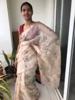 Cream Printed Kota Silk Saree highlighted with Zari Piping - Image 2