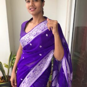 Purple Chiffon Saree with Pure Silver Zari Kadwa Motifs