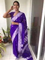 Purple Chiffon Saree with Pure Silver Zari Kadwa Motifs - Image 2