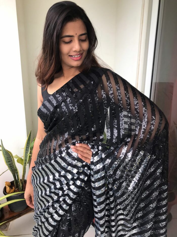 Ombre Black Georgette Saree adorned with Sequins Embroidery More Details