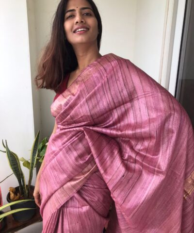 Dusty Pink Handwoven Tussar Silk Saree highlighted with Zari Border