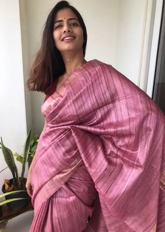 Dusty Pink Handwoven Tussar Silk Saree highlighted with Zari Border