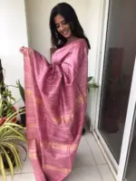 Dusty Pink Handwoven Tussar Silk Saree highlighted with Zari Border - Image 3