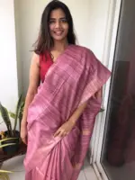 Dusty Pink Handwoven Tussar Silk Saree highlighted with Zari Border - Image 4