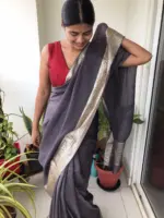 Grey Chiffon Silk Saree adorned with Antique Zari Weaves - Image 4