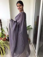 Grey Chiffon Silk Saree adorned with Antique Zari Weaves - Image 5