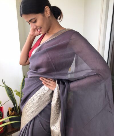 Grey Chiffon Silk Saree adorned with Antique Zari Weaves
