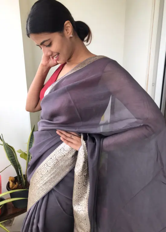 Grey Chiffon Silk Saree adorned with Antique Zari Weaves