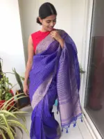 Royal Blue Organza Saree highlighted with Gold Weaves - Image 4