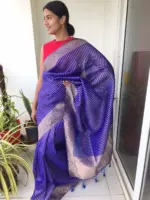 Royal Blue Organza Saree highlighted with Gold Weaves - Image 2