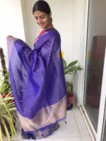 Royal Blue Organza Saree highlighted with Gold Weaves - Image 5