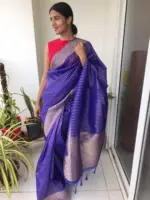 Royal Blue Organza Saree highlighted with Gold Weaves - Image 3
