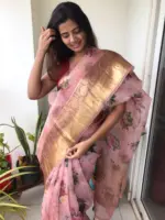 Creamy Pink Printed Organza Silk Saree highlighted with Kanchi Zari Border - Image 4