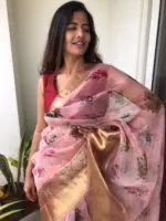 Creamy Pink Printed Organza Silk Saree highlighted with Kanchi Zari Border
