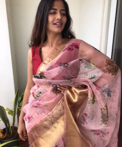 Creamy Pink Printed Organza Silk Saree highlighted with Kanchi Zari Border