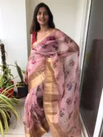 Creamy Pink Printed Organza Silk Saree highlighted with Kanchi Zari Border - Image 2