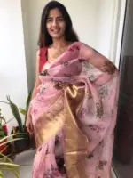 Creamy Pink Printed Organza Silk Saree highlighted with Kanchi Zari Border - Image 3