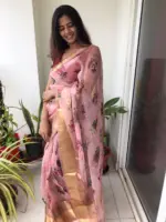Creamy Pink Printed Organza Silk Saree highlighted with Kanchi Zari Border - Image 5