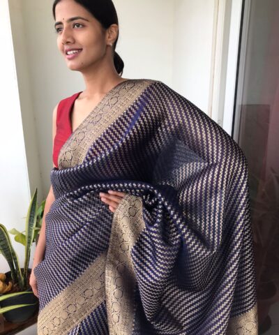 Navy Blue Organza Saree highlighted with Gold Weaves