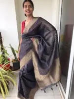 Navy Blue Organza Saree highlighted with Gold Weaves - Image 2