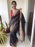 Navy Blue Organza Saree highlighted with Gold Weaves - Image 3