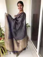 Navy Blue Organza Saree highlighted with Gold Weaves - Image 5