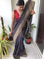 Navy Blue Organza Saree highlighted with Gold Weaves - Image 4
