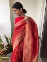 Scarlet Red Organza Saree highlighted with Gold Weaves