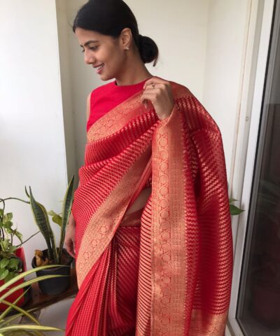 Scarlet Red Organza Saree highlighted with Gold Weaves