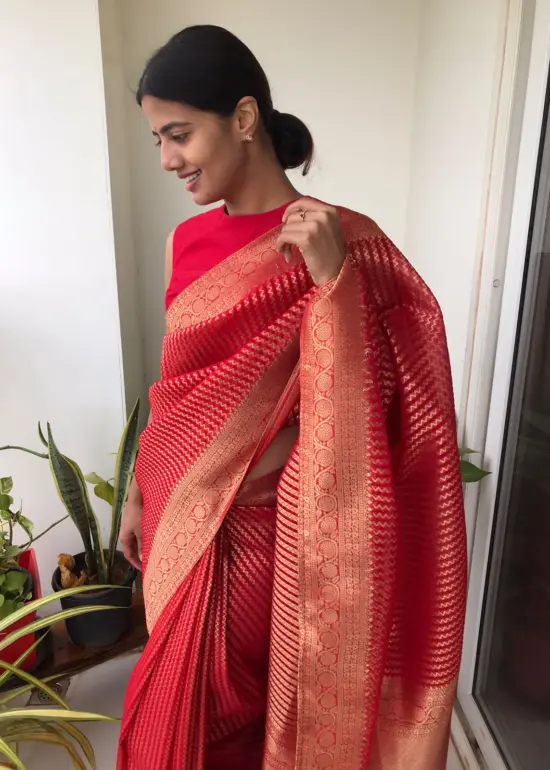 Scarlet Red Organza Saree highlighted with Gold Weaves