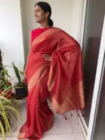 Scarlet Red Organza Saree highlighted with Gold Weaves - Image 2